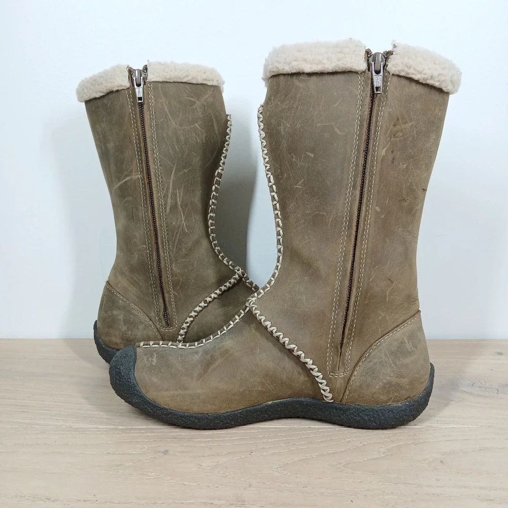 Keen Winter Boots Women 6 Olive Brown Leather Faux Fur Shearling Toggle Zip Tall